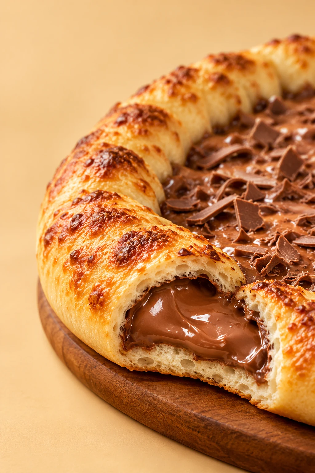 Borda de pizza dourada cortada ao meio, com recheio cremoso de chocolate