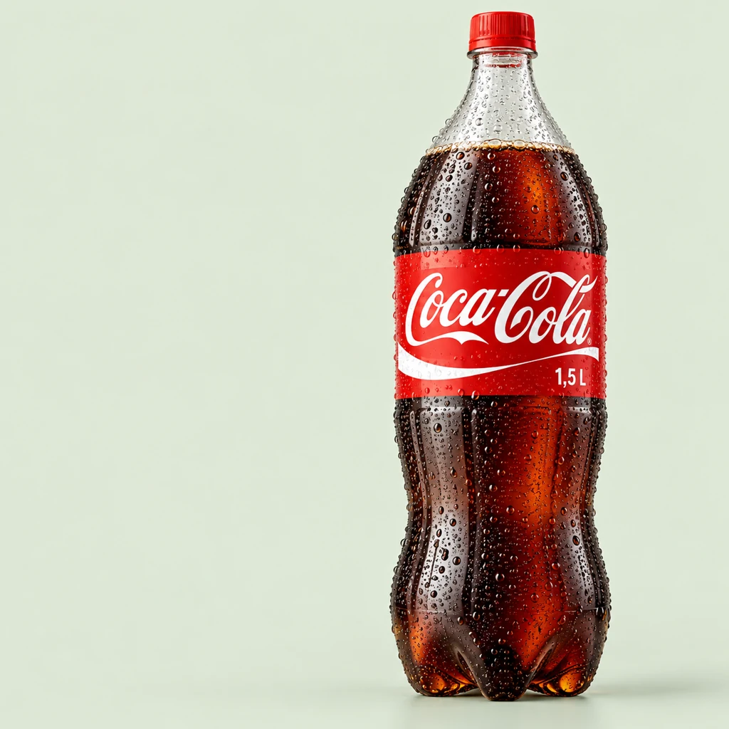 Garrafa de Coca-Cola de 1,5 litro gelada, com gotas de condensação